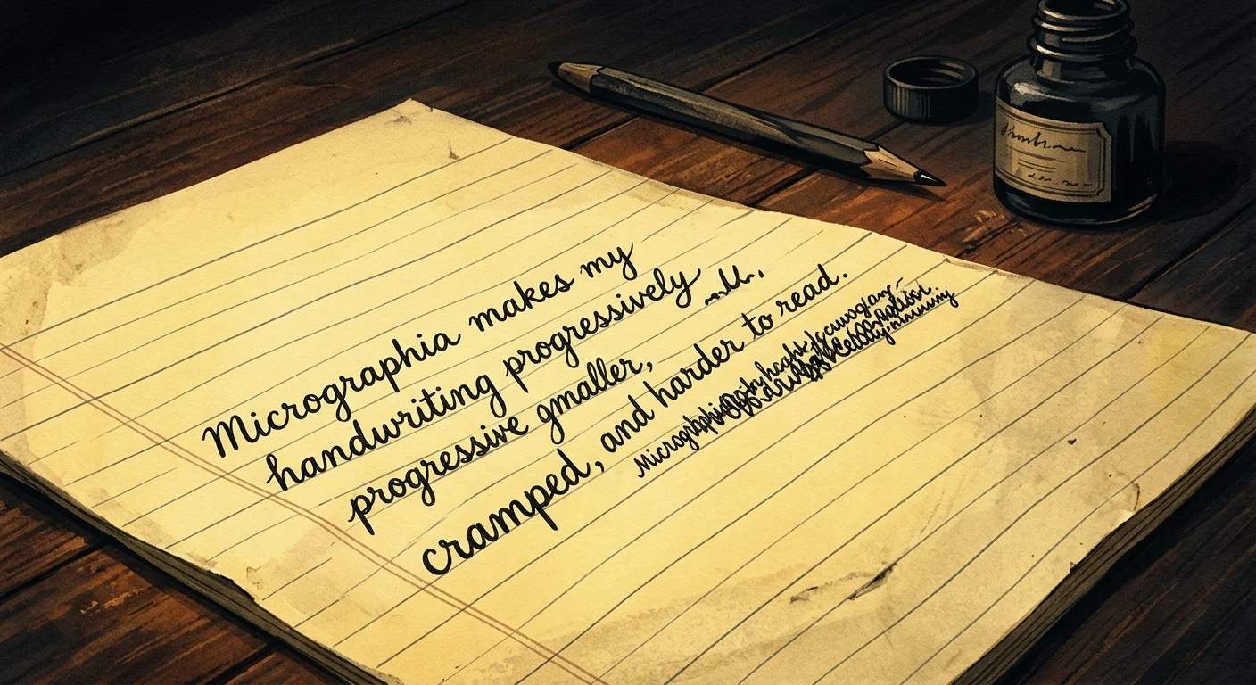 An illustration of cursive handwriting on lined yellow paper that starts normal-sized and shrinks into tiny, illegible lines.
