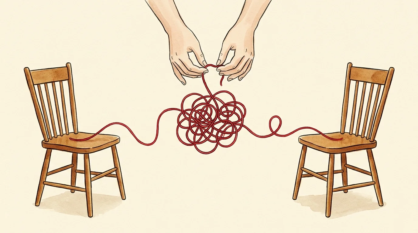 An illustration of two chairs connected by a tangled red thread that gentle hands are beginning to carefully untangle.