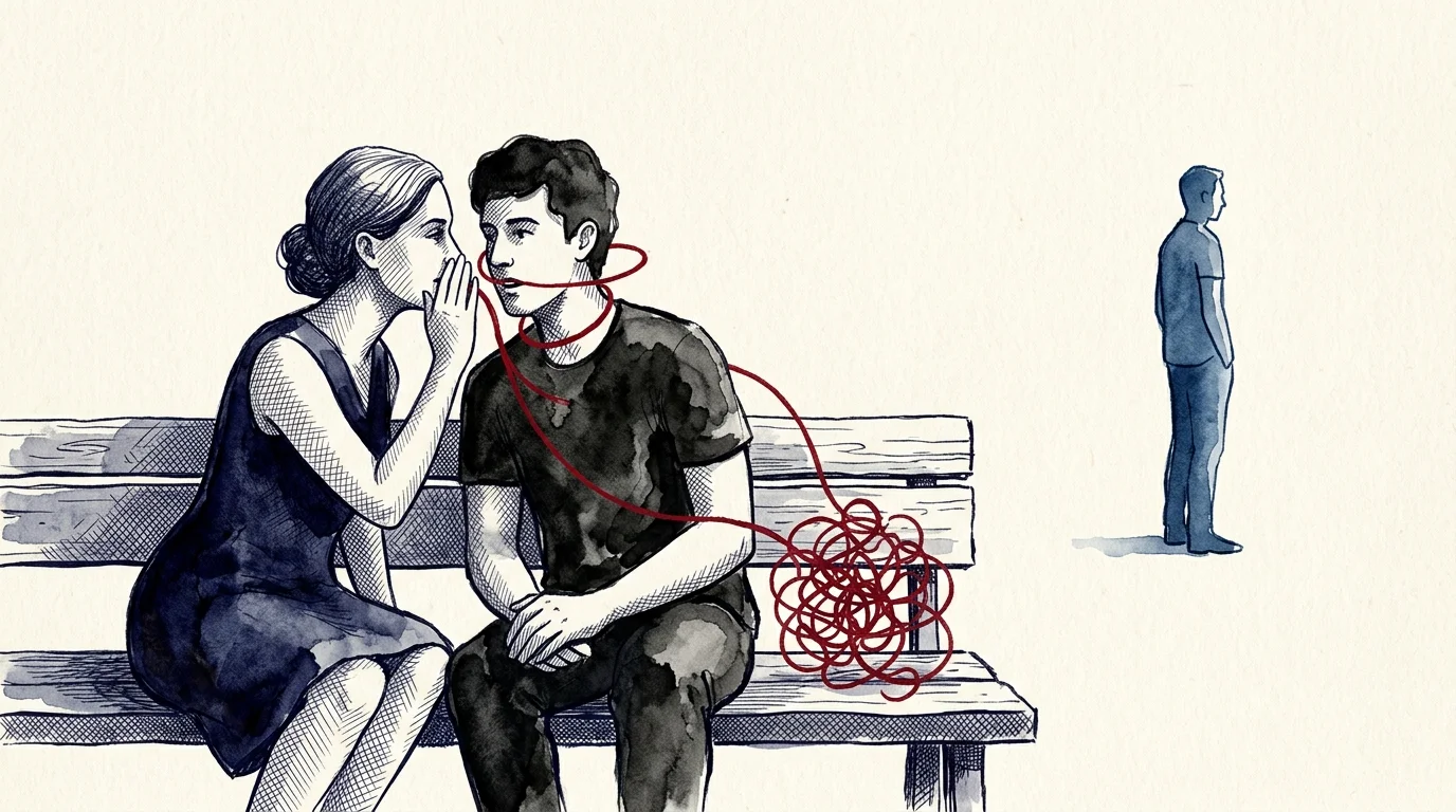 An illustration of two people whispering with a tangled red thread between them, while a third person stands isolated in the background.