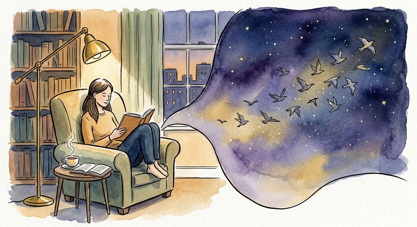 An illustration showing a cozy reading chair on one side and a starry night sky with birds on the other, symbolizing positive solitude.