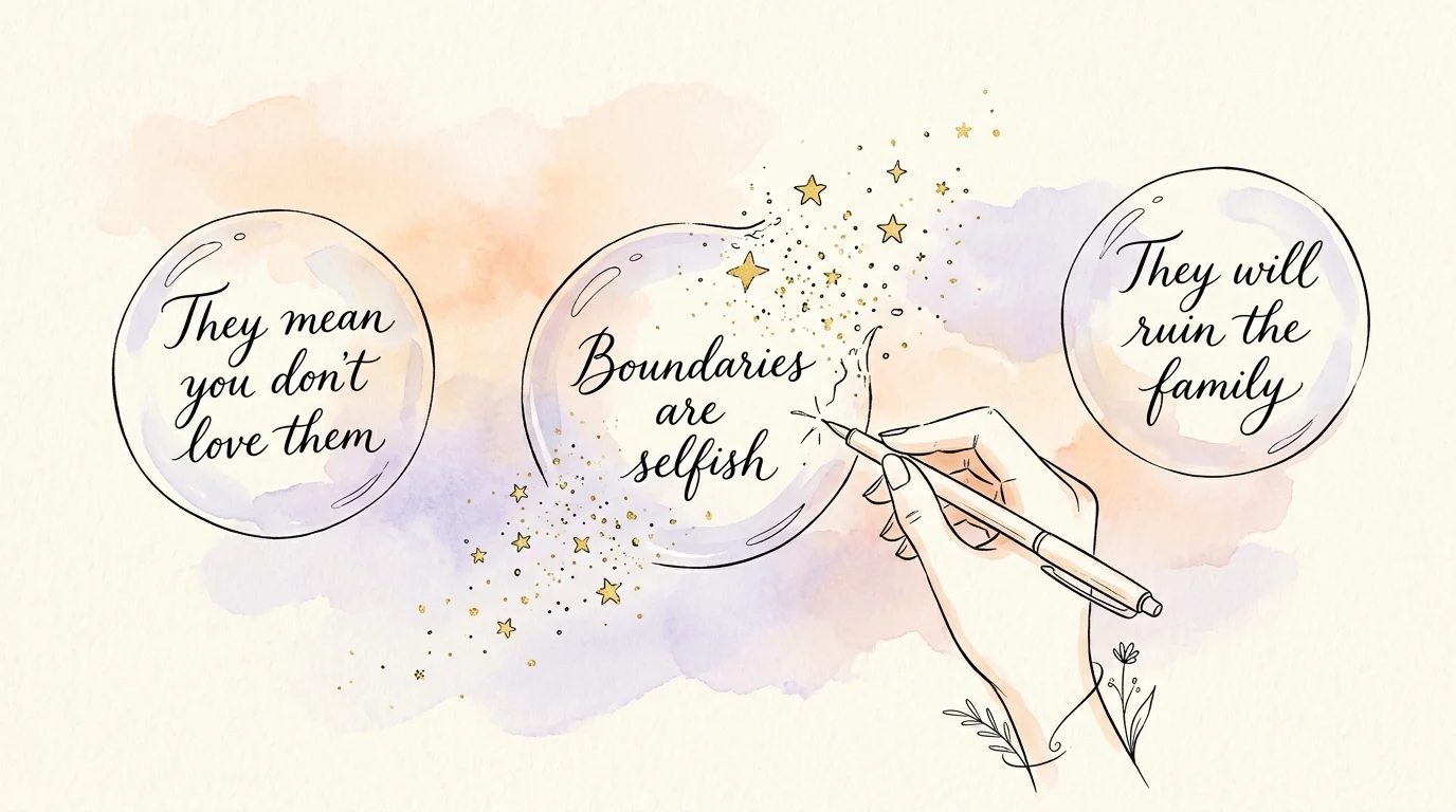 An illustration showing a hand popping delicate bubbles containing common family boundary myths.
