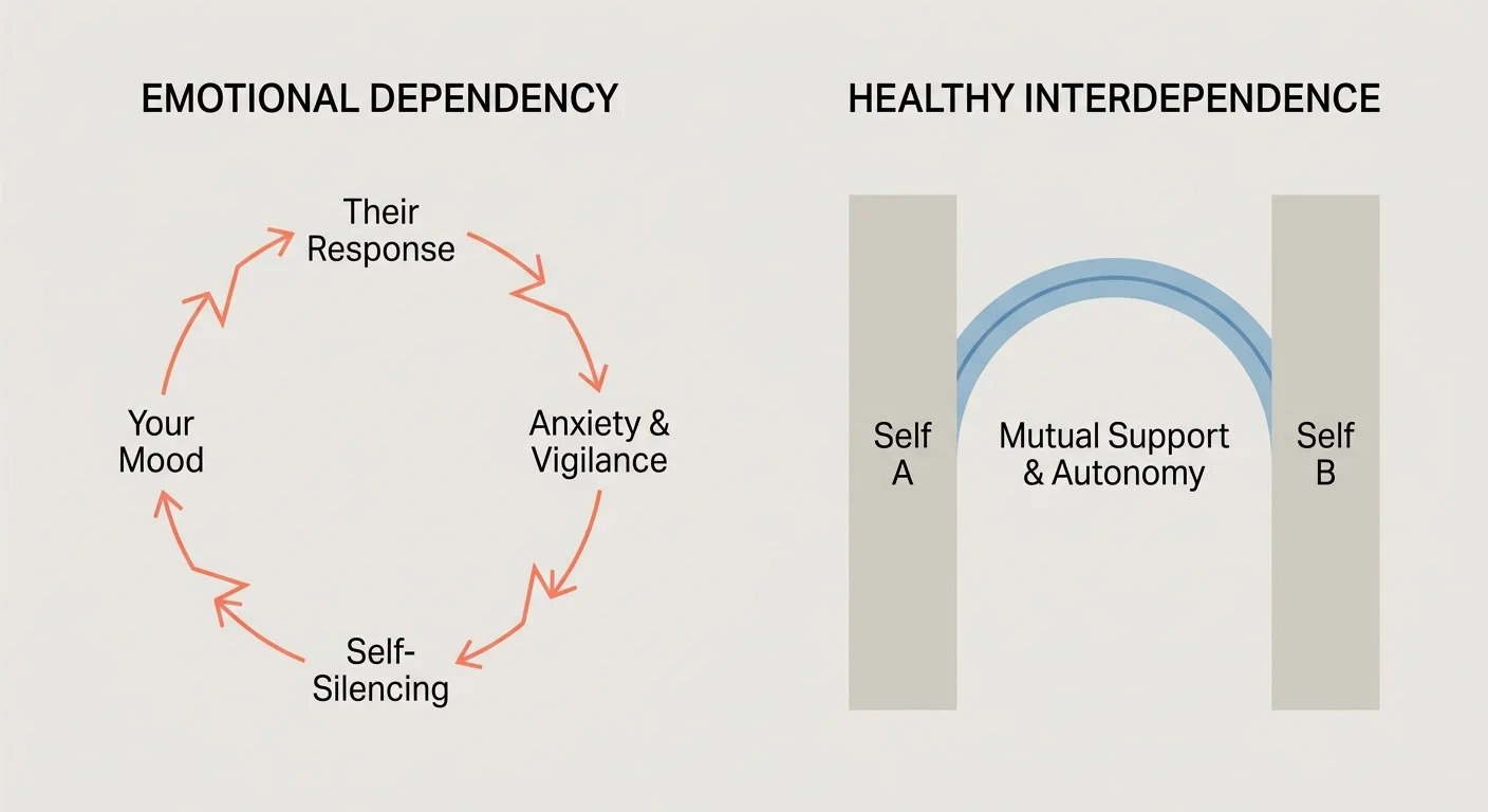 An infographic comparing the closed loop of emotional dependency against the balanced pillars of healthy interdependence.
