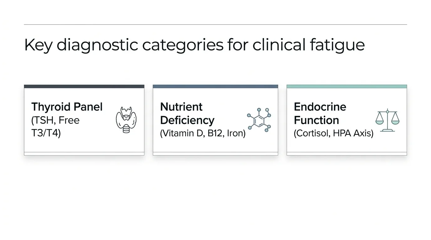 An infographic diagram displaying three key medical evaluation categories: thyroid panel, nutrient deficiencies, and endocrine function.
