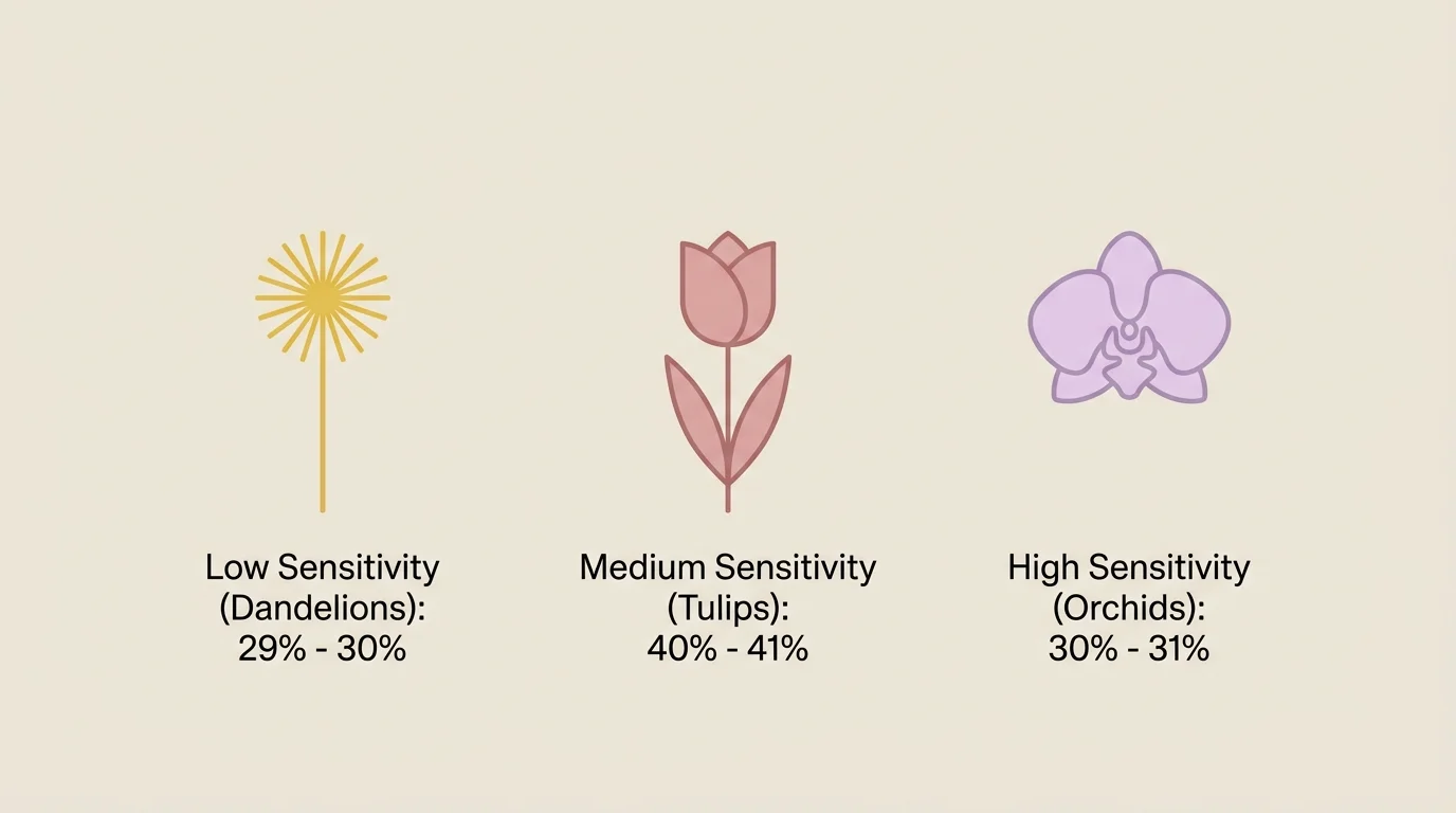 An infographic showing three sensitivity groups: Dandelions (29%-30%), Tulips (40%-41%), and Orchids (30%-31%) with elegant icons.