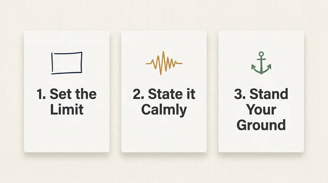 An infographic showing three steps to maintain boundaries: 1. Set the Limit, 2. State it Calmly, and 3. Stand Your Ground.