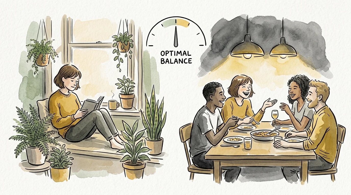 An ink and watercolor drawing of a person enjoying quiet reading on one side and a lively dinner party on the other, showing social flexibil