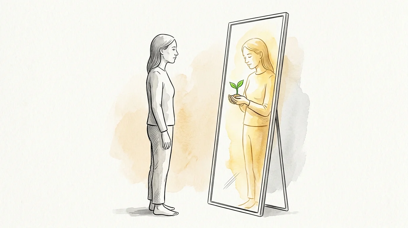 An ink and watercolor drawing of a person looking into a mirror, seeing their reflection glowing and holding a small green sprout.