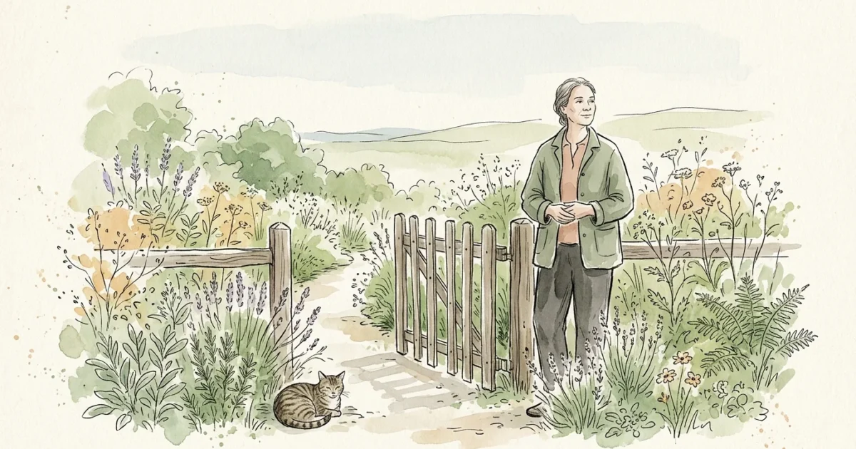 An ink and watercolor illustration of a calm person standing by a wooden garden gate, symbolizing healthy and protective boundaries.
