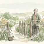 An ink and watercolor illustration of a calm person standing by a wooden garden gate, symbolizing healthy and protective boundaries.