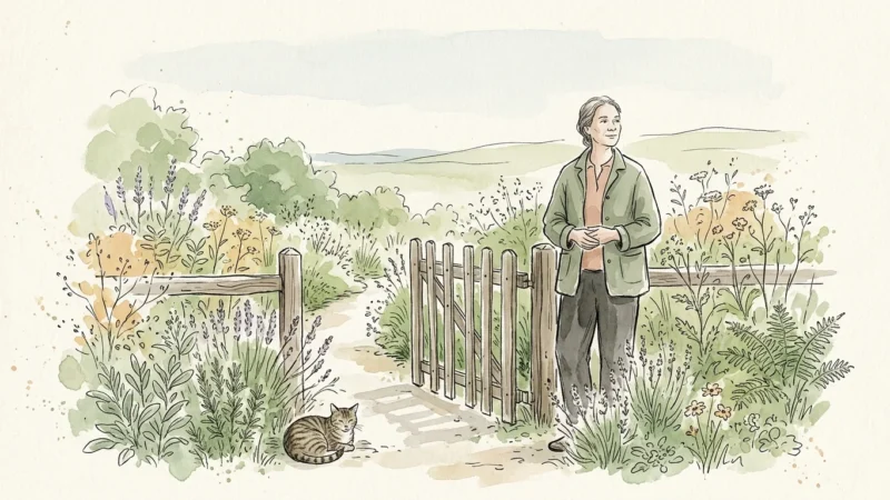 An ink and watercolor illustration of a calm person standing by a wooden garden gate, symbolizing healthy and protective boundaries.