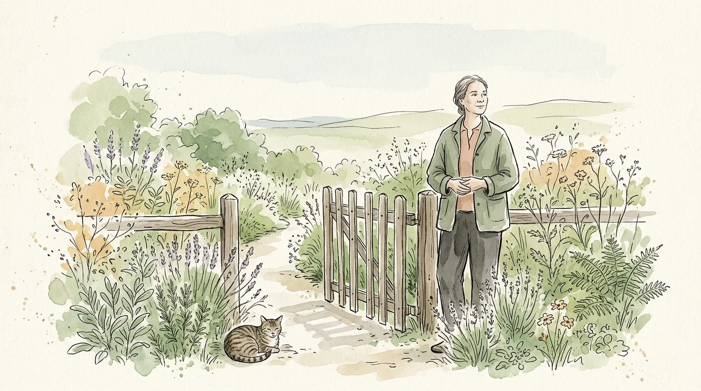 An ink and watercolor illustration of a calm person standing by a wooden garden gate, symbolizing healthy and protective boundaries.