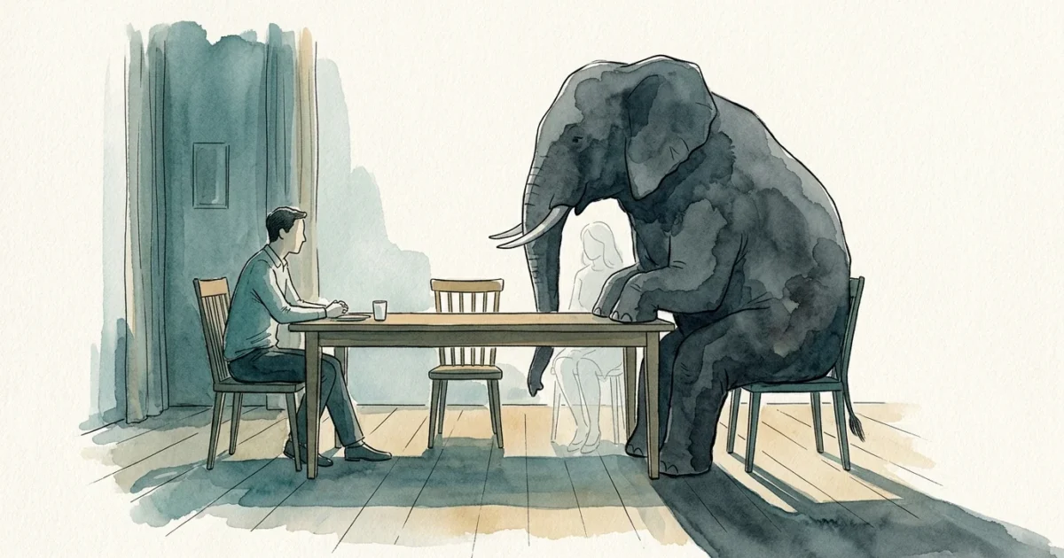 An ink and watercolor illustration of a couple at a table where one person is replaced by a giant, dark watercolor elephant silhouette.