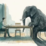 An ink and watercolor illustration of a couple at a table where one person is replaced by a giant, dark watercolor elephant silhouette.