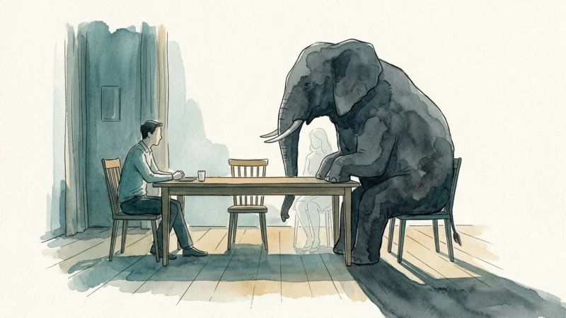 An ink and watercolor illustration of a couple at a table where one person is replaced by a giant, dark watercolor elephant silhouette.