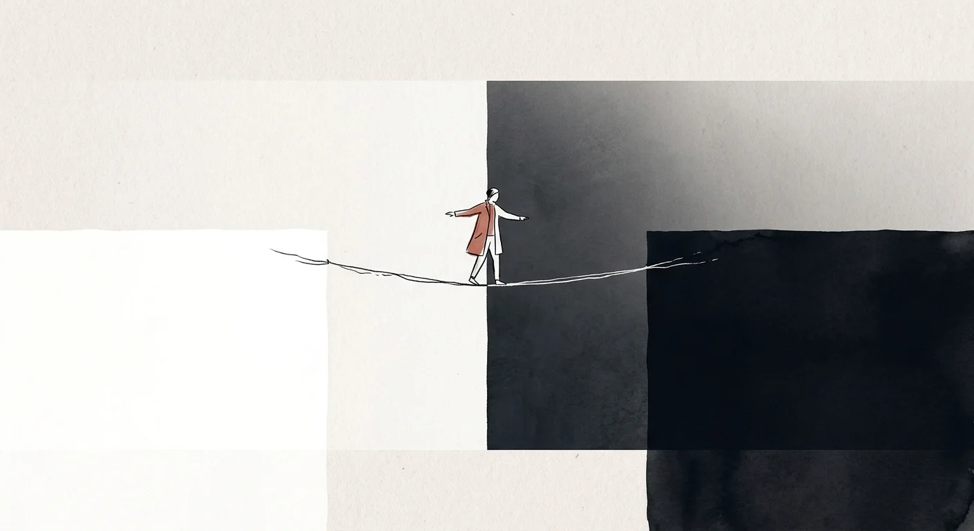 An ink and watercolor illustration of a figure balancing on a tightrope between stark white and solid black blocks.