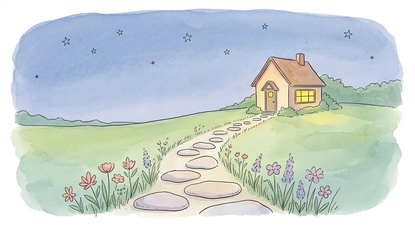 An ink and watercolor illustration of a gentle stone path leading to a warm, glowing cottage on a soft green hill.