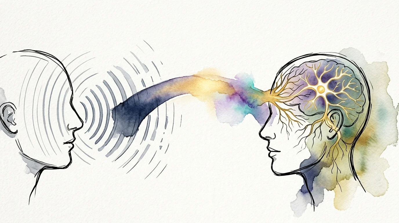 An ink and watercolor illustration of a glowing, colorful bridge connecting the minds of two minimalist human profiles.