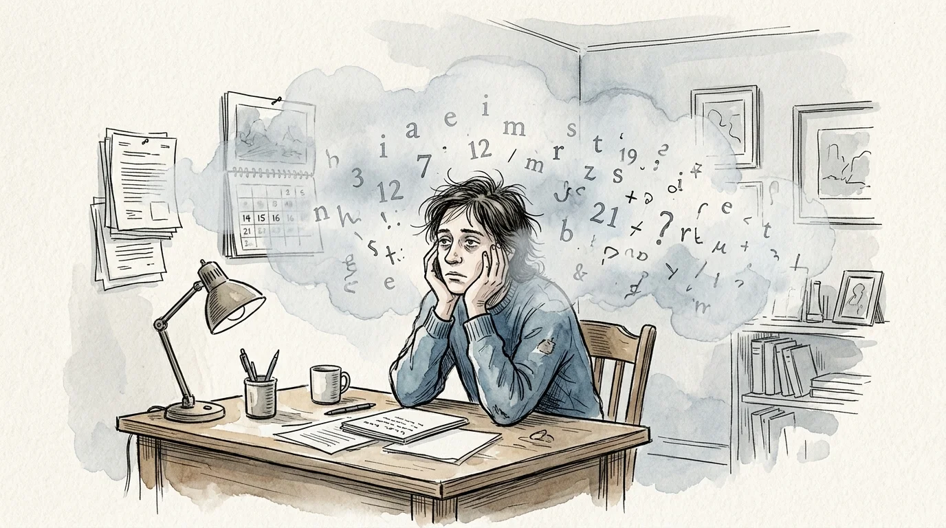 An ink and watercolor illustration of a person at a desk with a soft gray cloud representing cognitive fog surrounding their head.