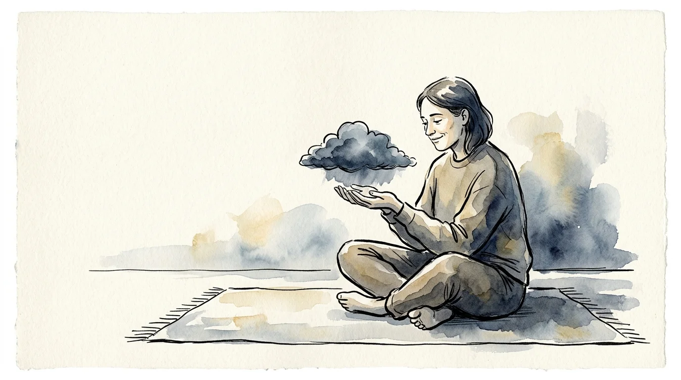 An ink and watercolor illustration of a person holding a small, dark raincloud in their palms with a peaceful expression.