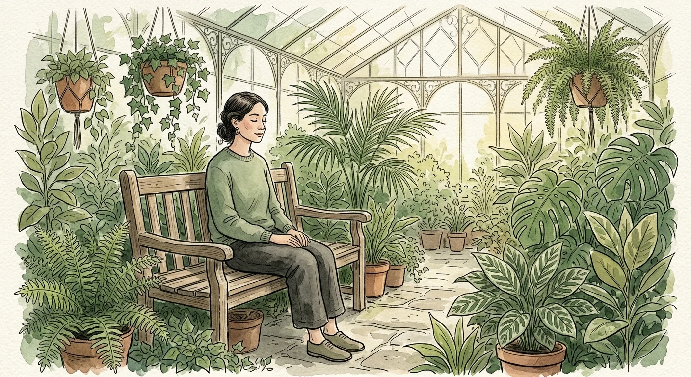 An ink and watercolor illustration of a person sitting peacefully with closed eyes on a bench in a lush greenhouse.