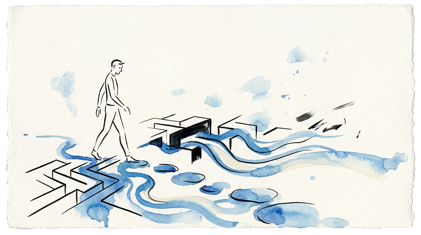 Minimalist watercolor sketch of a person walking across geometric maze walls that transition into flowing blue water.