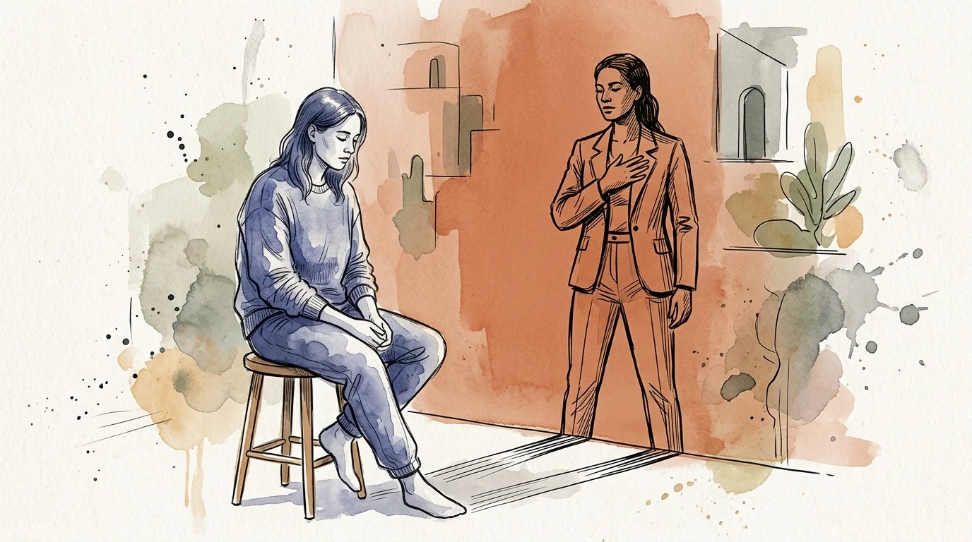 An ink and watercolor illustration of a sitting person whose shadow stands tall and protective behind them.