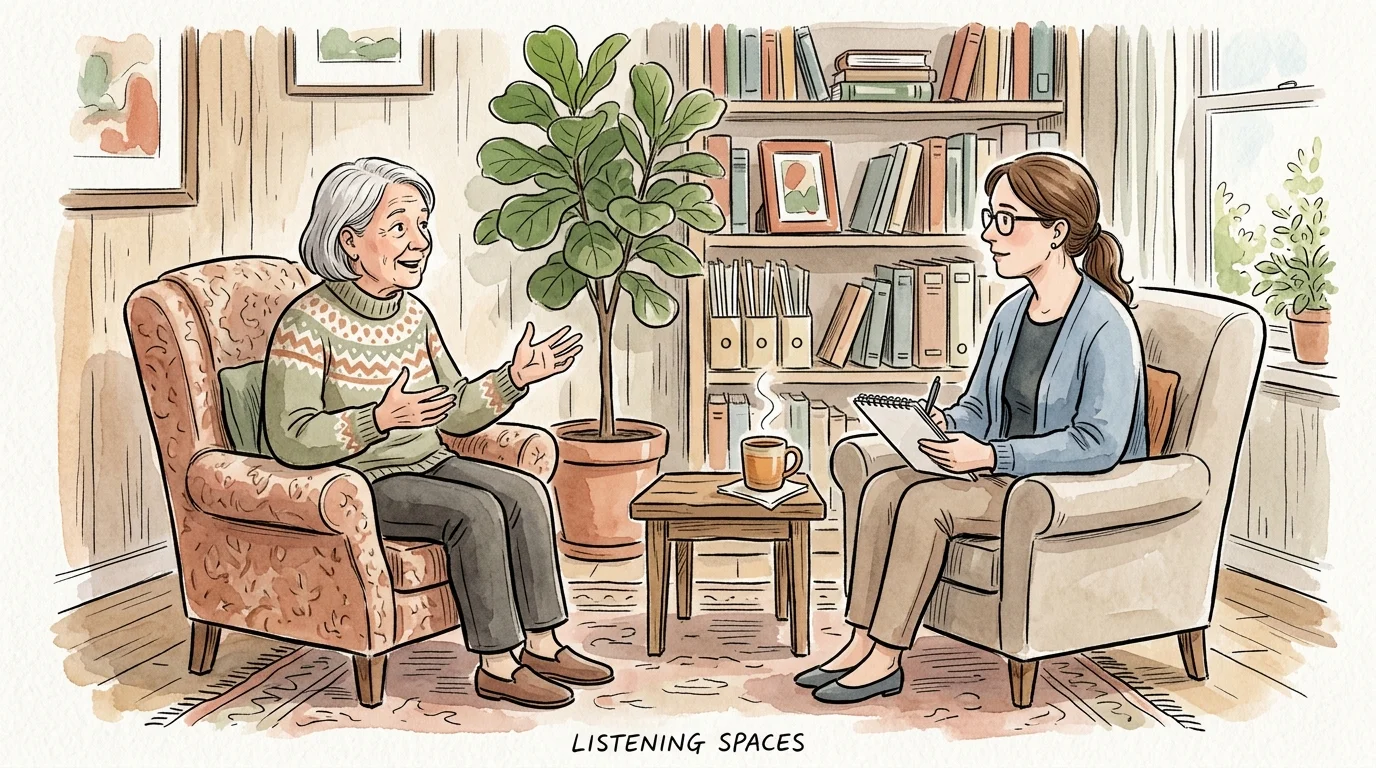 An ink and watercolor illustration of an older adult having an empathetic, comfortable conversation with a specialist in a warm office.