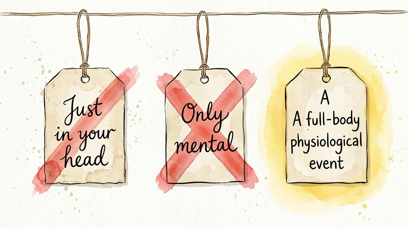 An ink and watercolor illustration of hanging labels with the myths 'just in your head' crossed out, highlighting 'a full-body event'.