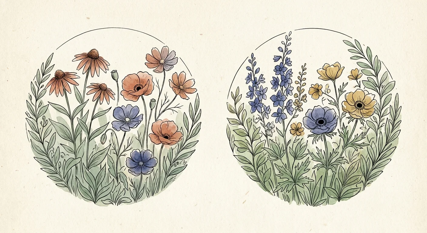 An ink and watercolor illustration of two distinct circular gardens growing side-by-side, symbolizing healthy personal boundaries.