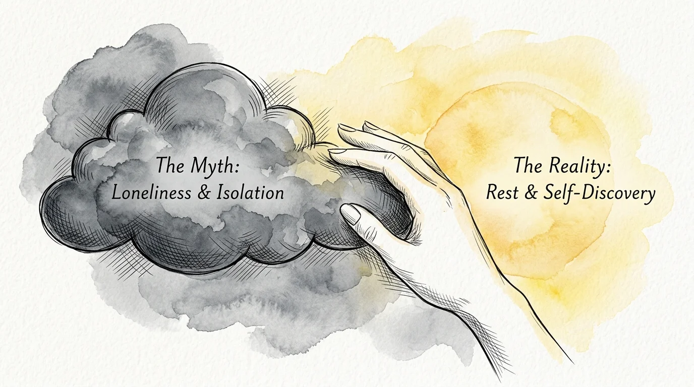 An ink and watercolor illustration showing a hand sweeping away a dark cloud of myth to reveal a warm sun of reality.