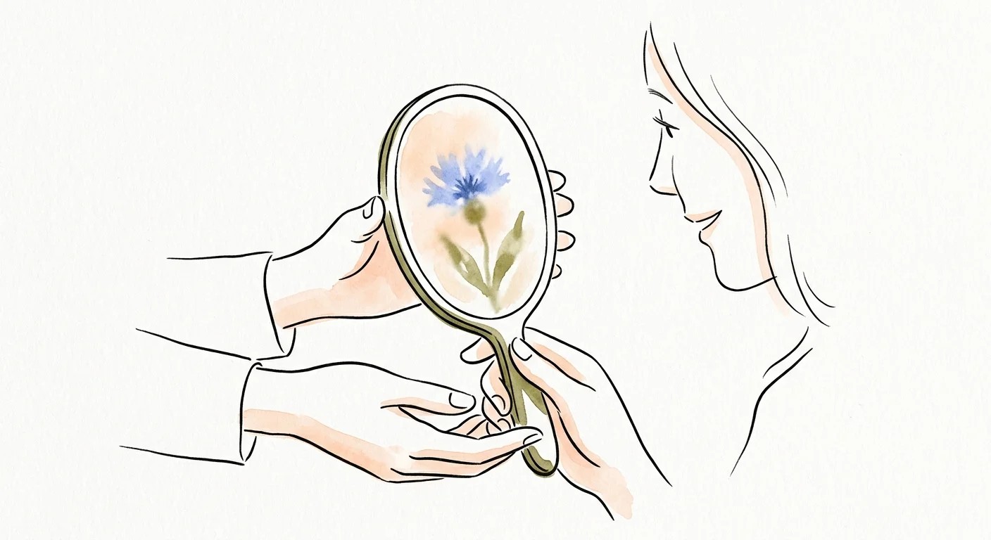 An ink and watercolor sketch of a hand-mirror reflecting a blooming flower, representing gentle and compassionate honesty.