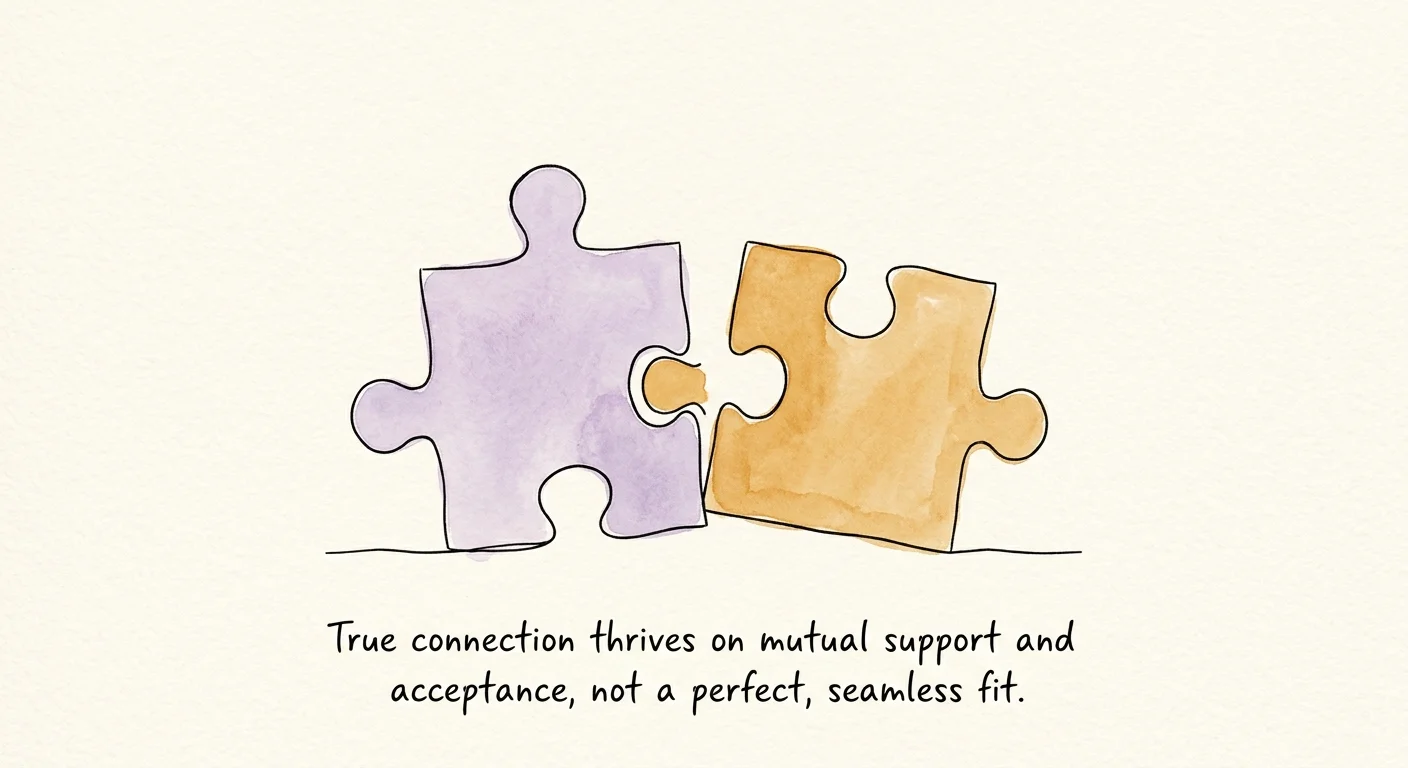 An ink and watercolor sketch of two different puzzle pieces sitting harmoniously side-by-side, representing healthy differences.