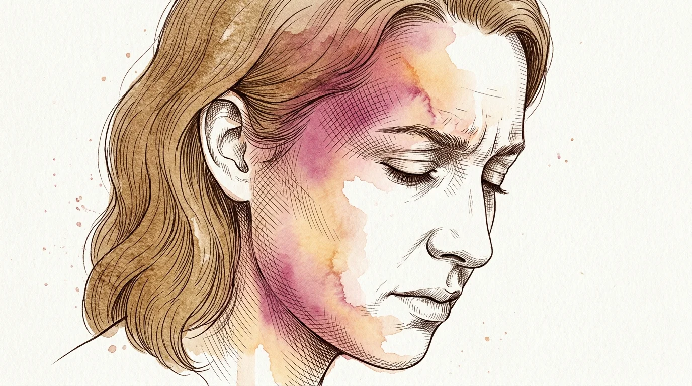 An ink drawing with warm red watercolor washes over the temples and jaw, depicting facial tension and pain.
