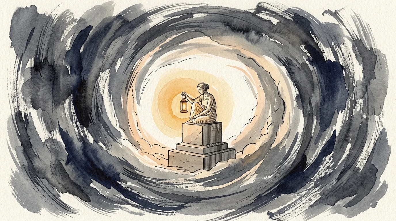 Watercolor illustration of a woman holding a lantern on a stone pedestal inside a swirling vortex of dark storm clouds.