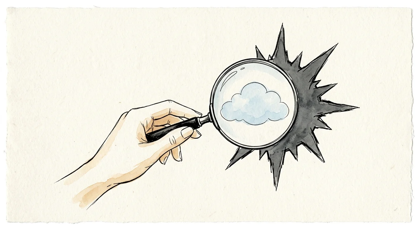 An ink sketch of a magnifying glass turning a spiky, hostile shape into a soft, gentle blue cloud.