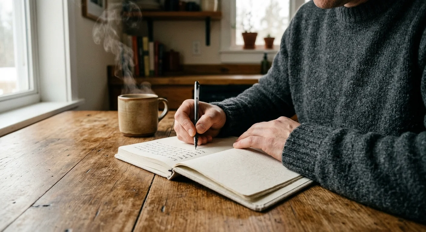 An intimate close-up photo of a person journaling at a sunlit wooden table, symbolizing self-reflection and rewiring thoughts.