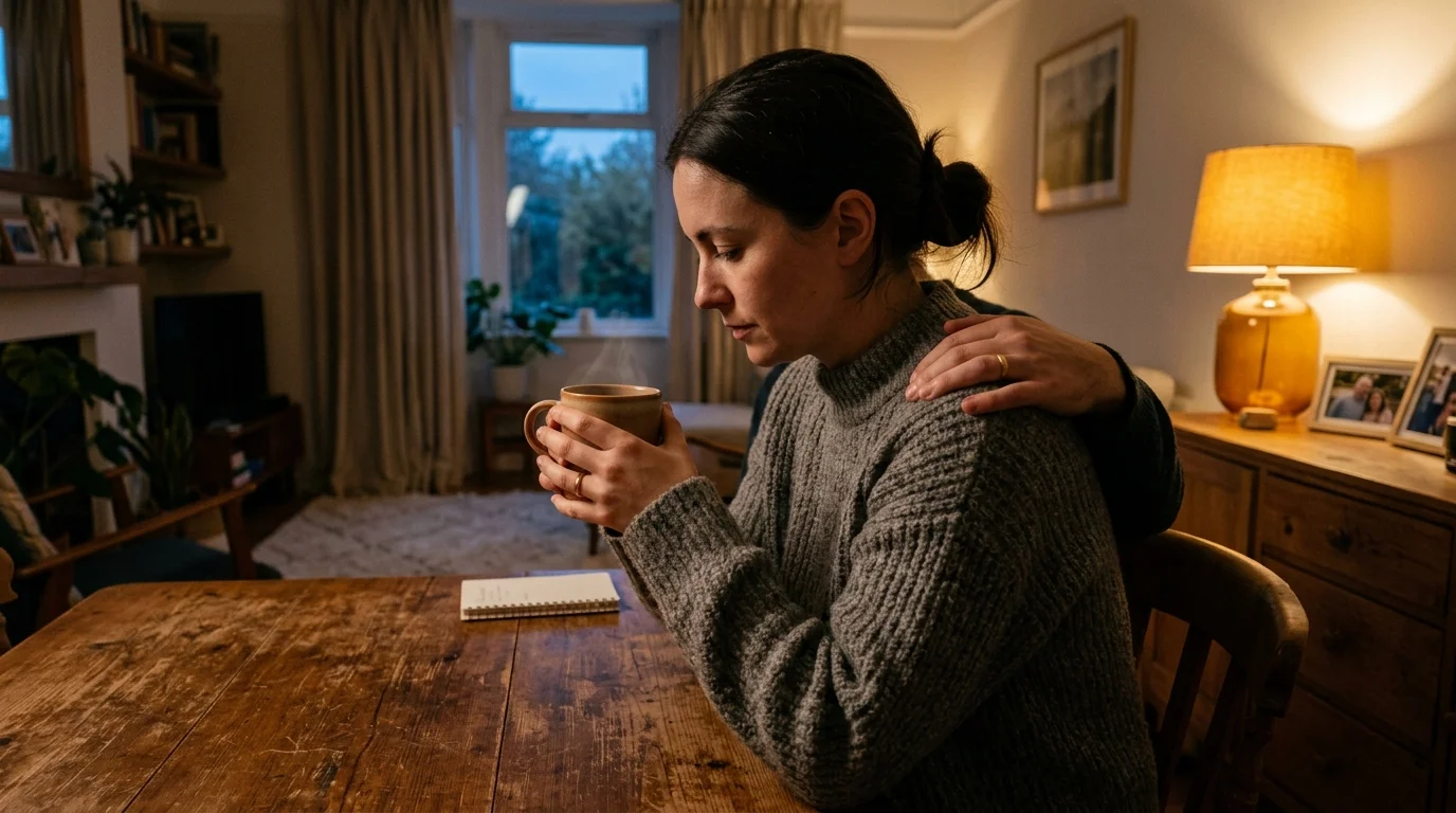 An intimate, unposed shot of a person receiving a supportive hand on their shoulder in a dimly lit room.