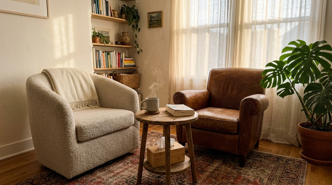 An inviting therapy room with two comfortable armchairs angled toward each other in warm, natural afternoon sunlight.
