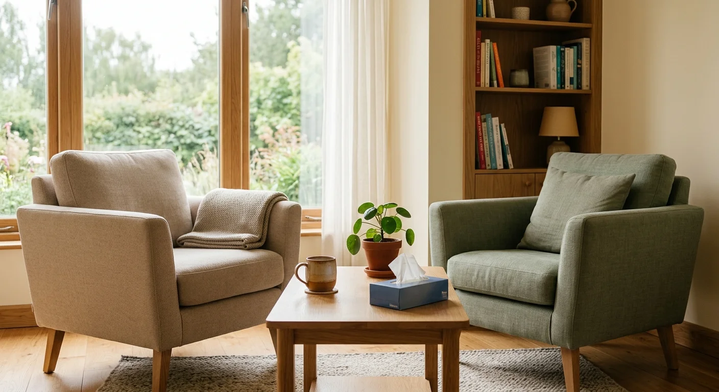 An inviting therapy room with two comfortable armchairs, warm wood details, and soft natural light.