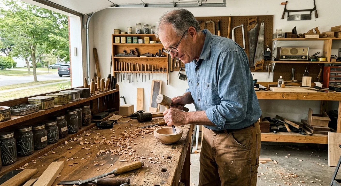 An older man happily carves wood at his workbench in a sunlit garage workshop, showing temporal freedom.