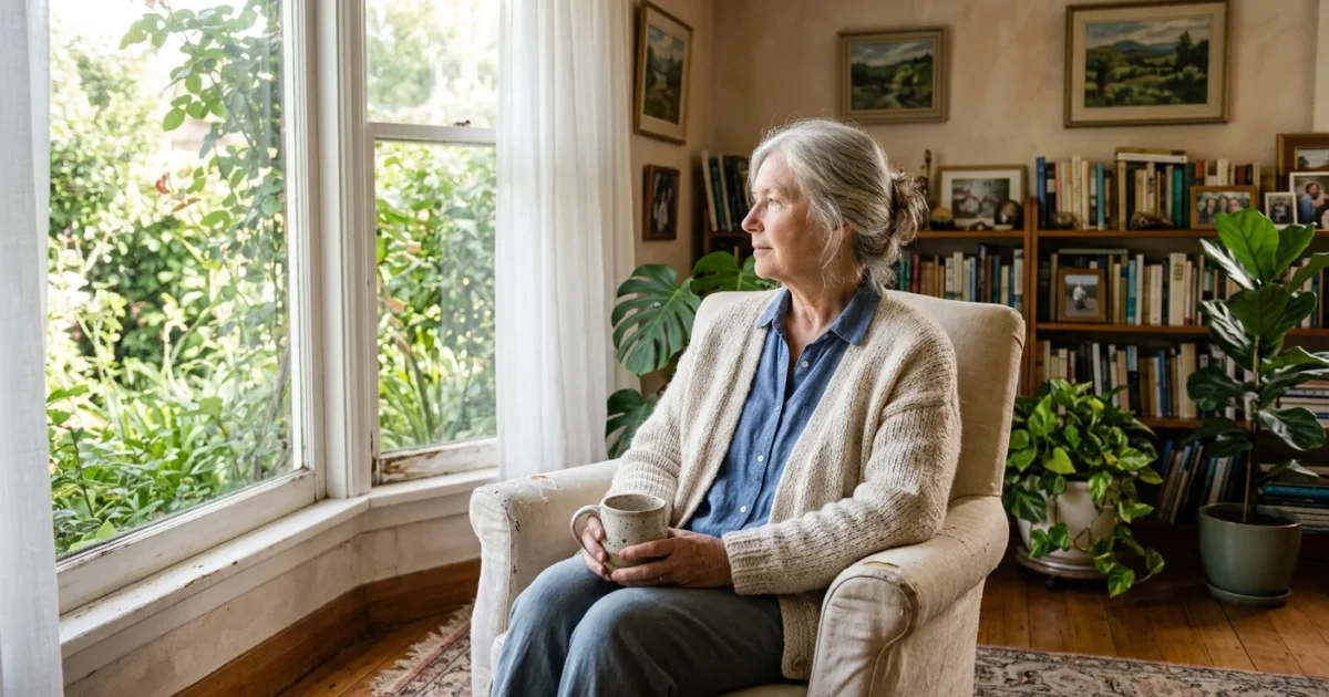 An older woman sits peacefully in a sun-drenched, plant-filled living room holding a warm mug and looking out the window.
