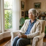 An older woman sits peacefully in a sun-drenched, plant-filled living room holding a warm mug and looking out the window.
