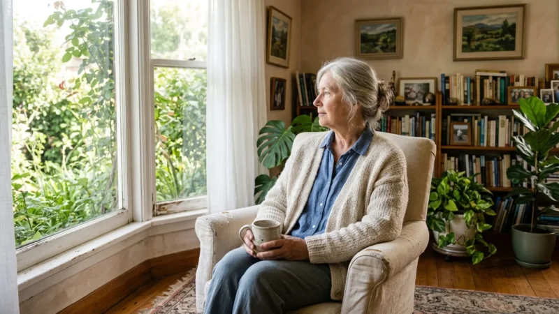 An older woman sits peacefully in a sun-drenched, plant-filled living room holding a warm mug and looking out the window.