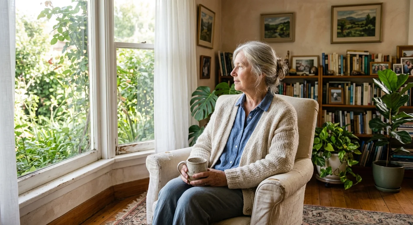 An older woman sits peacefully in a sun-drenched, plant-filled living room holding a warm mug and looking out the window.