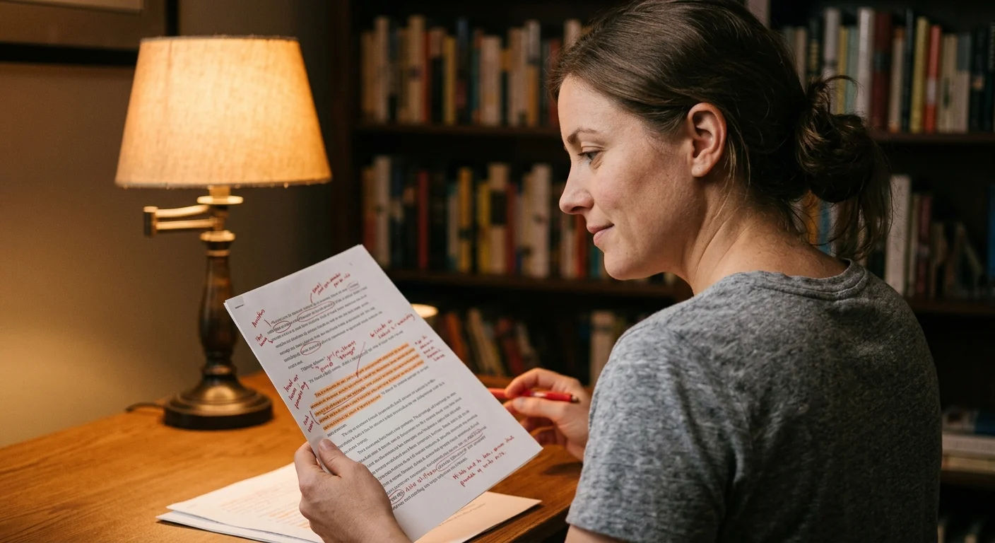 An over-the-shoulder photograph of a person calmly reviewing red-penciled edits on a document under a warm desk lamp.
