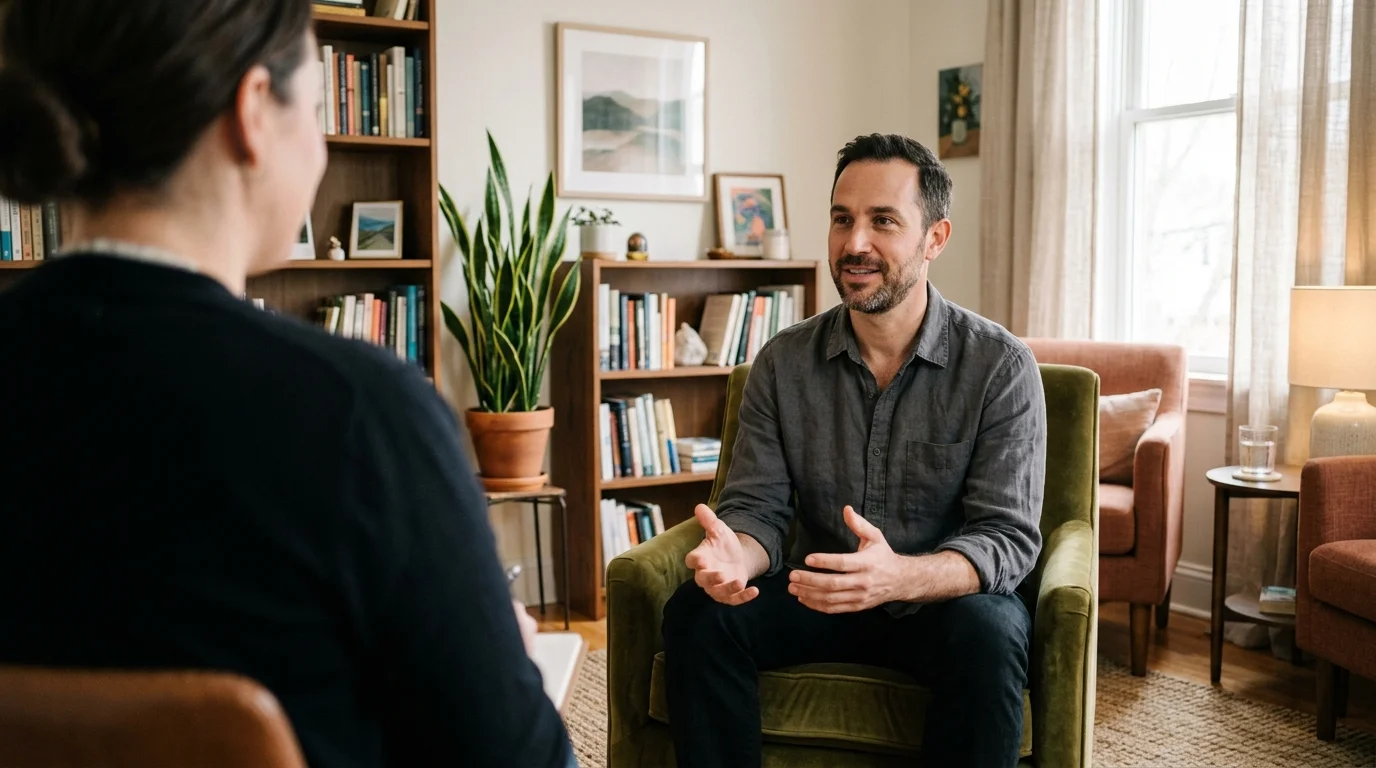 An over-the-shoulder shot of a therapy session in a warm, comfortable, sunlit office with green accents.
