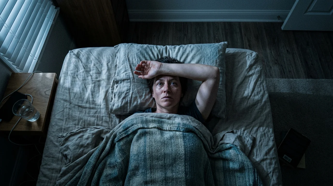 An overhead shot of a person lying awake in a dimly lit bedroom at night, staring at the ceiling.