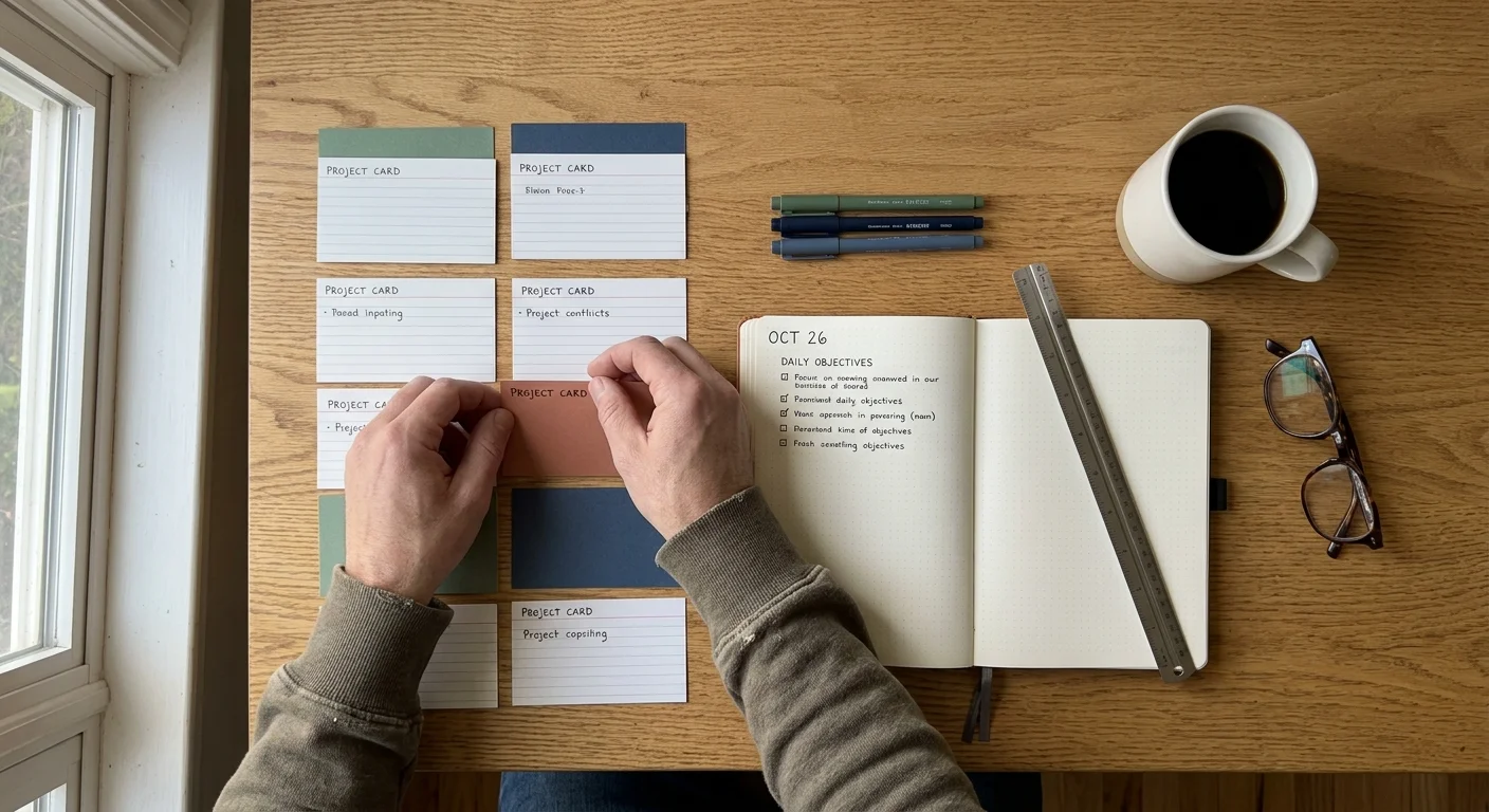 Overhead view of hands arranging project cards on a wooden desk next to an open planner, coffee mug, and glasses.