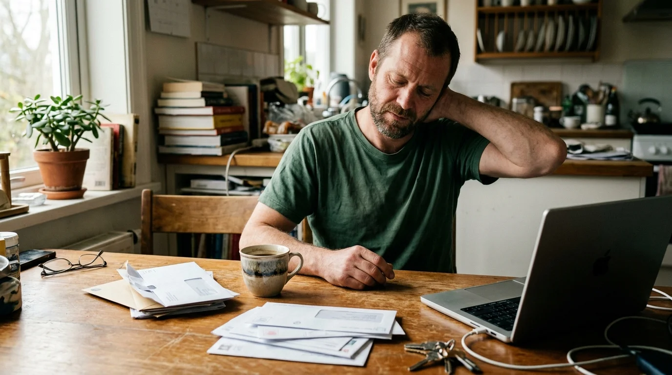 An unposed photo of a person sitting at a kitchen table, massaging their neck in discomfort.