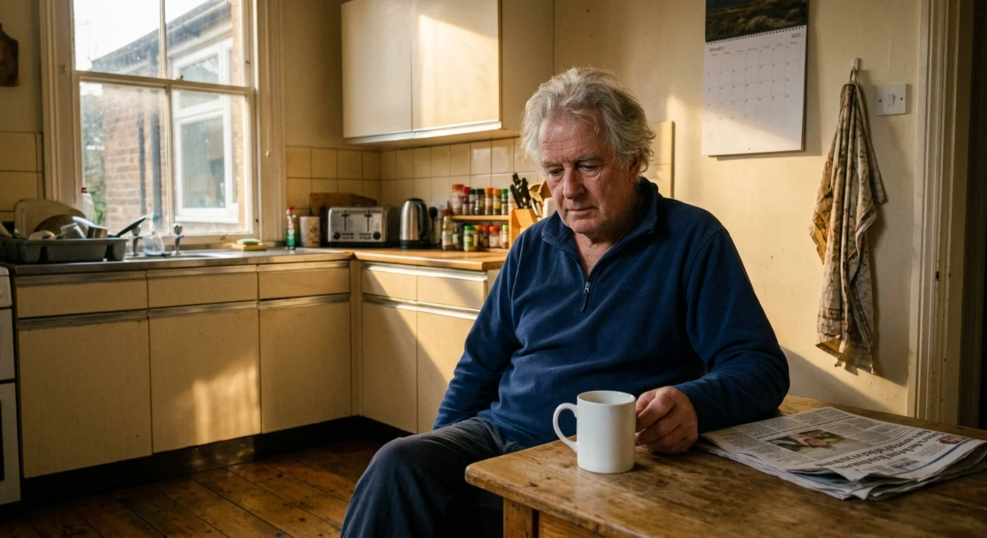 Candid photo of an older man sitting at a kitchen table at dusk, staring at an empty mug, reflecting a quiet, unstructured day.